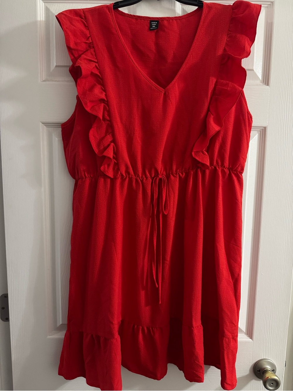 SHEIN Red Ruffle V-Neck Tie-Waist Mini Dress